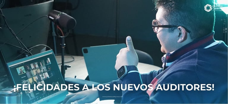 Man wearing headphones at desk with laptop and microphone in recording studio, with text congratulating new auditors