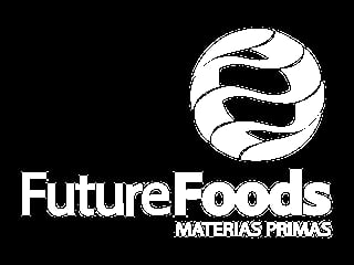 Future Foods Materias Primas logo with white stylized spiral globe icon on black background